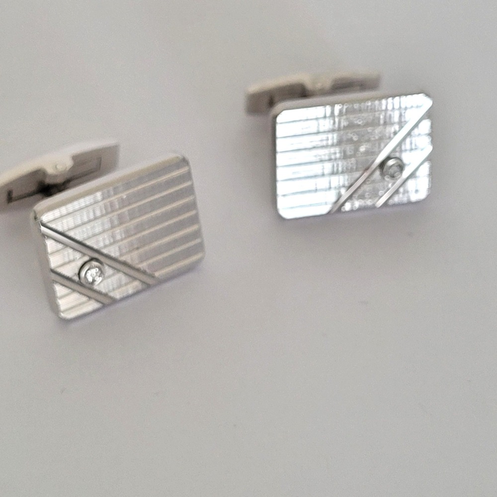 Vintage Sterling Silver Etched Rectangular Cufflinks with Clear Stone Accents